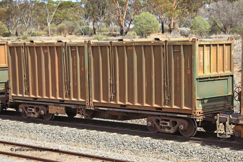 231020 8277
Binduli, 5029 Malcolm Freighter, AQIY type 40' container waggon AQIY 00005 with two undecorated Bis Industries hard-top 25U0 type sulphur containers BISU 100051 and BISU 100041. The AQIY were originally built as the CQYY but CFCLA did not buy them, Bradken then stored them as KQYY. When Aurizon bought them they had the handbrake relocated to the middle of the waggon from the end.
Keywords: AQIY-type;AQIY00004;Bradken;CQYY-type;KQYY-type;