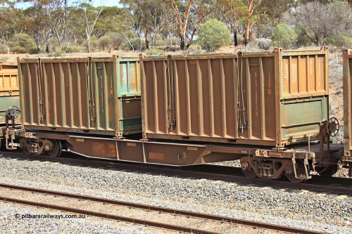 231020 8278
Binduli, 5029 Malcolm Freighter, AQNY type container waggon AQNY 32162 one of sixty two waggons built by Goninan WA in 1998 as WQN type for Murrin Murrin container traffic with two undecorated Bis Industries hard-top 25U0 type sulphur containers BISU 100075 and BISU 100017.
Keywords: AQNY-type;AQNY32162;Goninan-WA;WQN-type;
