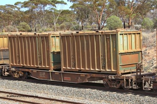 231020 8280
Binduli, 5029 Malcolm Freighter, AQNY type container waggon AQNY 32184 one of sixty two waggons built by Goninan WA in 1998 as WQN type for Murrin Murrin container traffic with two undecorated Bis Industries hard-top 25U0 type sulphur containers BISU 100062 and BISU 100069.
Keywords: AQNY-type;AQNY32184;Goninan-WA;WQN-type;