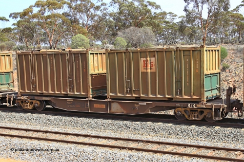 231020 8300
Binduli, 5029 Malcolm Freighter, AQNY type container waggon AQNY 32160 one of sixty two waggons built by Goninan WA in 1998 as WQN type for Murrin Murrin container traffic with two Bis INDUSTRIES, one undecorated, hard-top 25U0 type sulphur containers BISU 100096 and BISU 100038.
Keywords: AQNY-type;AQNY32160;Goninan-WA;WQN-type;