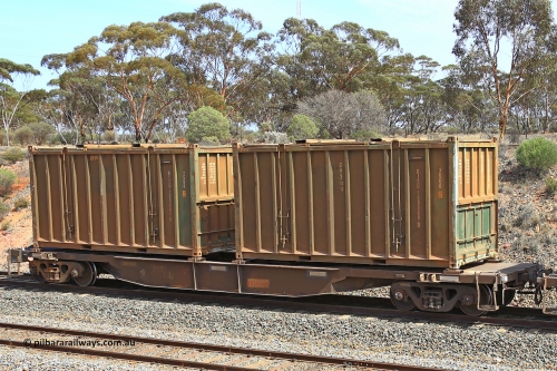 231020 8301
Binduli, 5029 Malcolm Freighter, AQNY type container waggon AQNY 32198 one of sixty two waggons built by Goninan WA in 1998 as WQN type for Murrin Murrin container traffic with two undecorated Bis INDUSTRIES hard-top 25U0 type sulphur containers BISU 100060 and BISU 100063.
Keywords: AQNY-type;AQNY32198;Goninan-WA;WQN-type;
