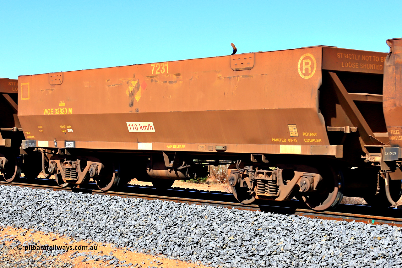 240328 2799
WOE type iron ore waggon WOE 33820 is from a batch of thirty built by UGL [United Goninan Limited] in China during November and December 2015 with serial number R0189-005 in original brown paint with Aurizon logo and fleet number 7231, in Mineral Resources traffic 5040 empty Mount Walton iron ore train. 28th March 2024.
Keywords: WOE-type;WOE33820;UGL-China;R0189-005;