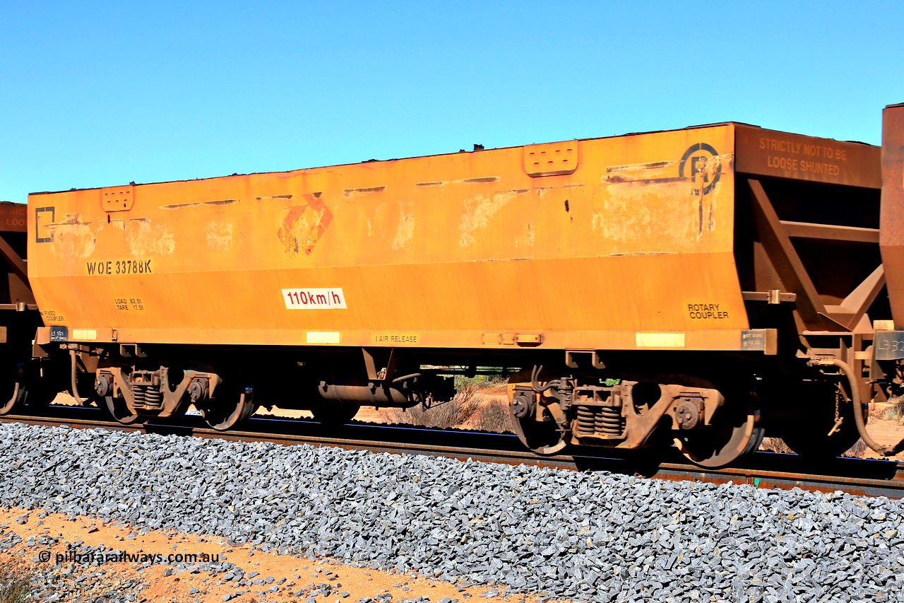 240328 2818
WOE type iron ore waggon WOE 33788 is number two hundred from a batch of two hundred and twenty seven built by UGL Rail WA between from 08-2011 and 02-2012 of the current style of 82.5 tonne load capacity WOE class waggons and was fleet number 7199 before the sides were painted yellow and Aurizon logos, in Mineral Resources traffic 5040 empty Mount Walton iron ore train. 28th March 2024.
Keywords: WOE-type;WOE33788;UGL-Rail-WA;R0067-200;