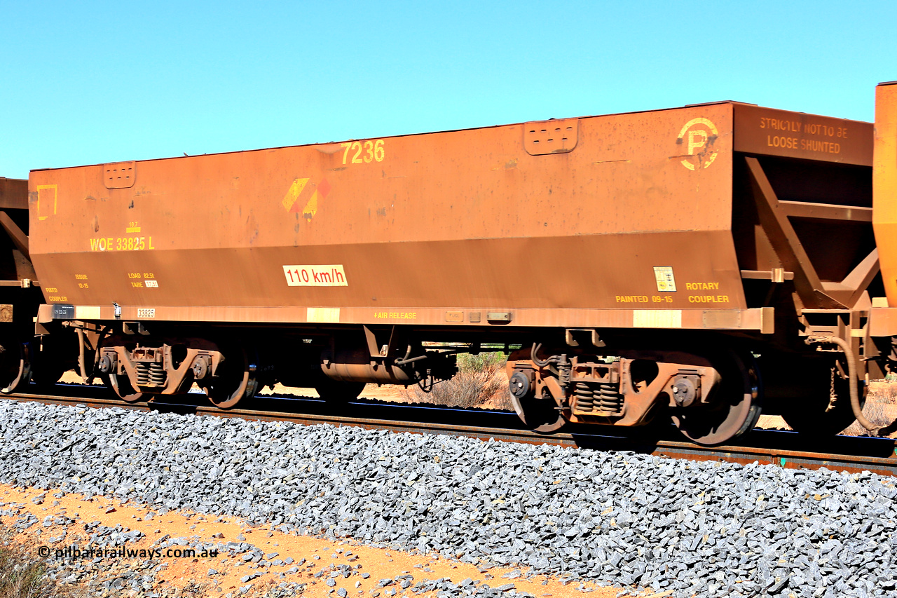 240328 2821
WOE type iron ore waggon WOE 33825 is from a batch of thirty built by UGL [United Goninan Limited] in China during November and December 2015 with serial number R0189-010 in original brown paint with Aurizon logo and fleet number 7236, in Mineral Resources traffic 5040 empty Mount Walton iron ore train. 28th March 2024.
Keywords: WOE-type;WOE33825;UGL-China;R0189-010;