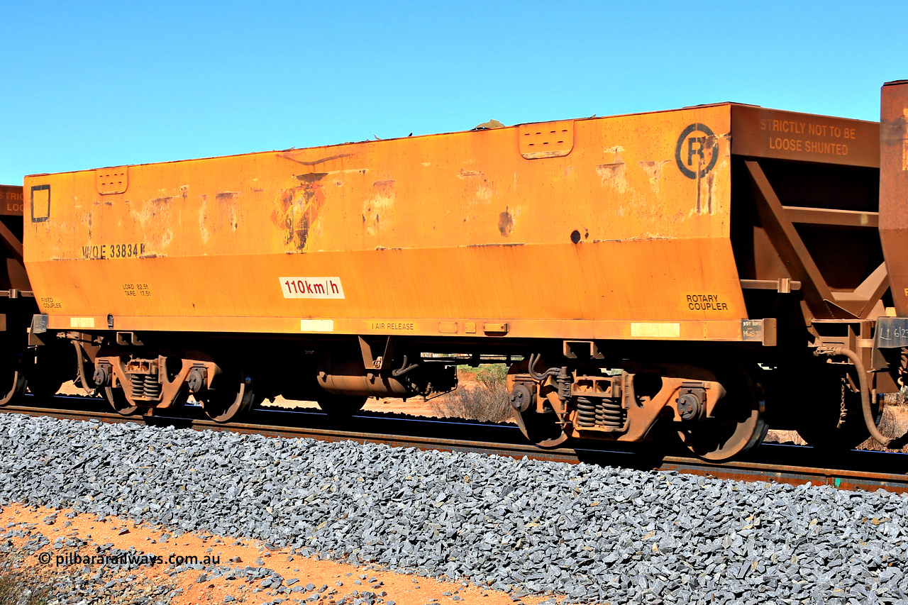 240328 2854
WOE type iron ore waggon WOE 33834 is from a batch of thirty built by UGL [United Goninan Limited] in China during November and December 2015 with serial number R0189-019 and had fleet number 7245 prior to the Aurizon yellow repainted sides and logo, in Mineral Resources traffic 5040 empty Mount Walton iron ore train. 28th March 2024.
Keywords: WOE-type;WOE33834;UGL-China;R0189-019;