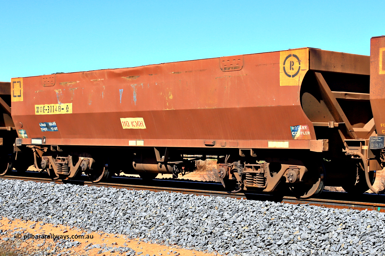 240328 2857
WOE type iron ore waggon WOE 31148 is one of a batch of fifteen built by Goninan WA between April and May 2002 and was fleet number 730 prior to the repainting of the sides, in Mineral Resources traffic 5040 empty Mount Walton iron ore train. 28th March 2024.
Keywords: WOE-type;WOE31148;Goninan-WA;