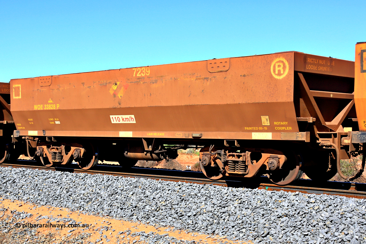 240328 2862
WOE type iron ore waggon WOE 33828 is from a batch of thirty built by UGL [United Goninan Limited] in China during November and December 2015 with serial number R0189-013 in original brown paint with Aurizon logo and fleet number 7239, in Mineral Resources traffic 5040 empty Mount Walton iron ore train. 28th March 2024.
Keywords: WOE-type;WOE33828;UGL-China;R0189-013;