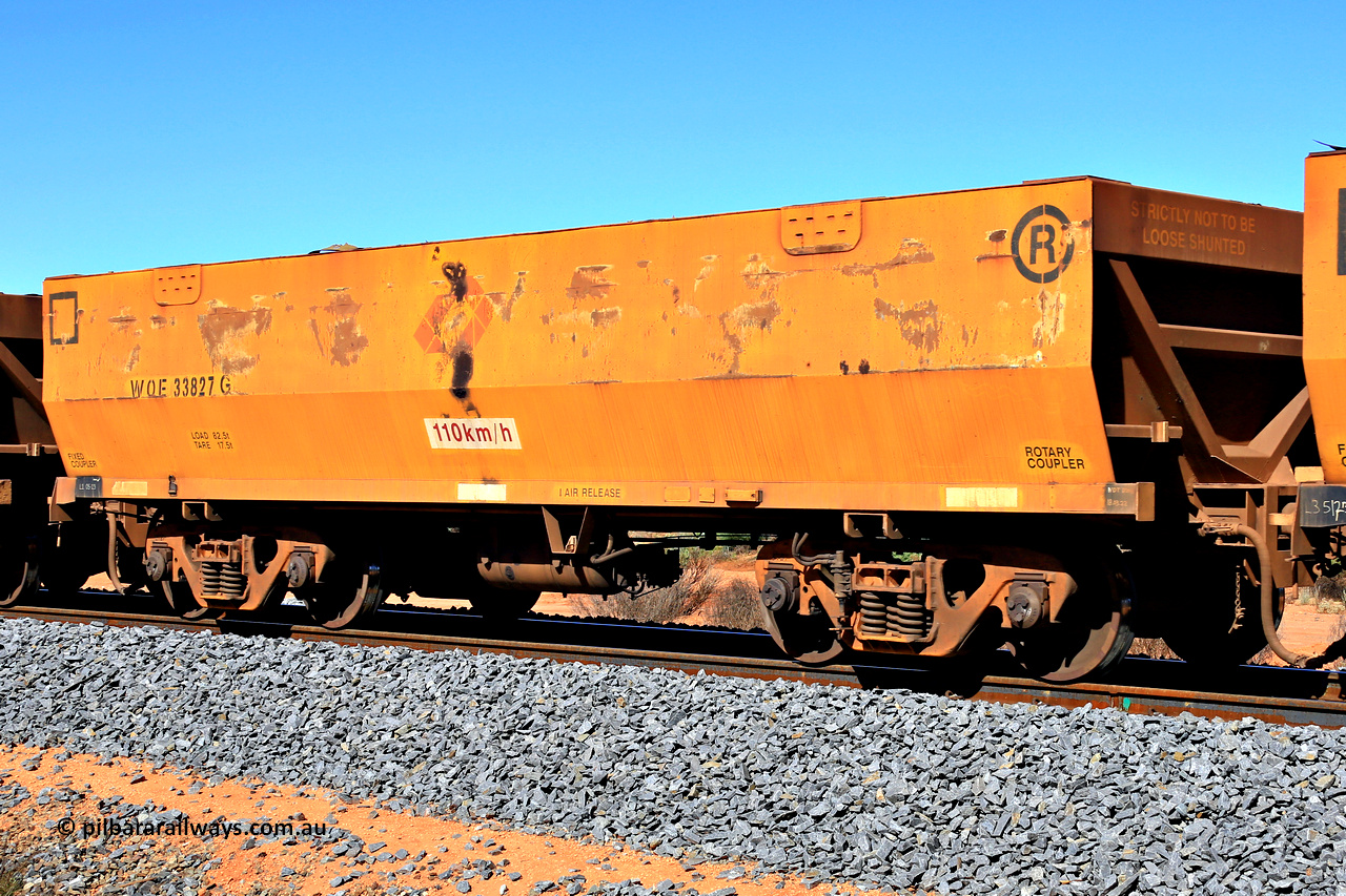 240328 2867
WOE type iron ore waggon WOE 33827 is from a batch of thirty built by UGL [United Goninan Limited] in China during November and December 2015 with serial number R0189-012 and was fleet number 7238 prior to the Aurizon yellow repainted sides and logo, in Mineral Resources traffic 5040 empty Mount Walton iron ore train. 28th March 2024.
Keywords: WOE-type;WOE33827;UGL-China;R0189-012;