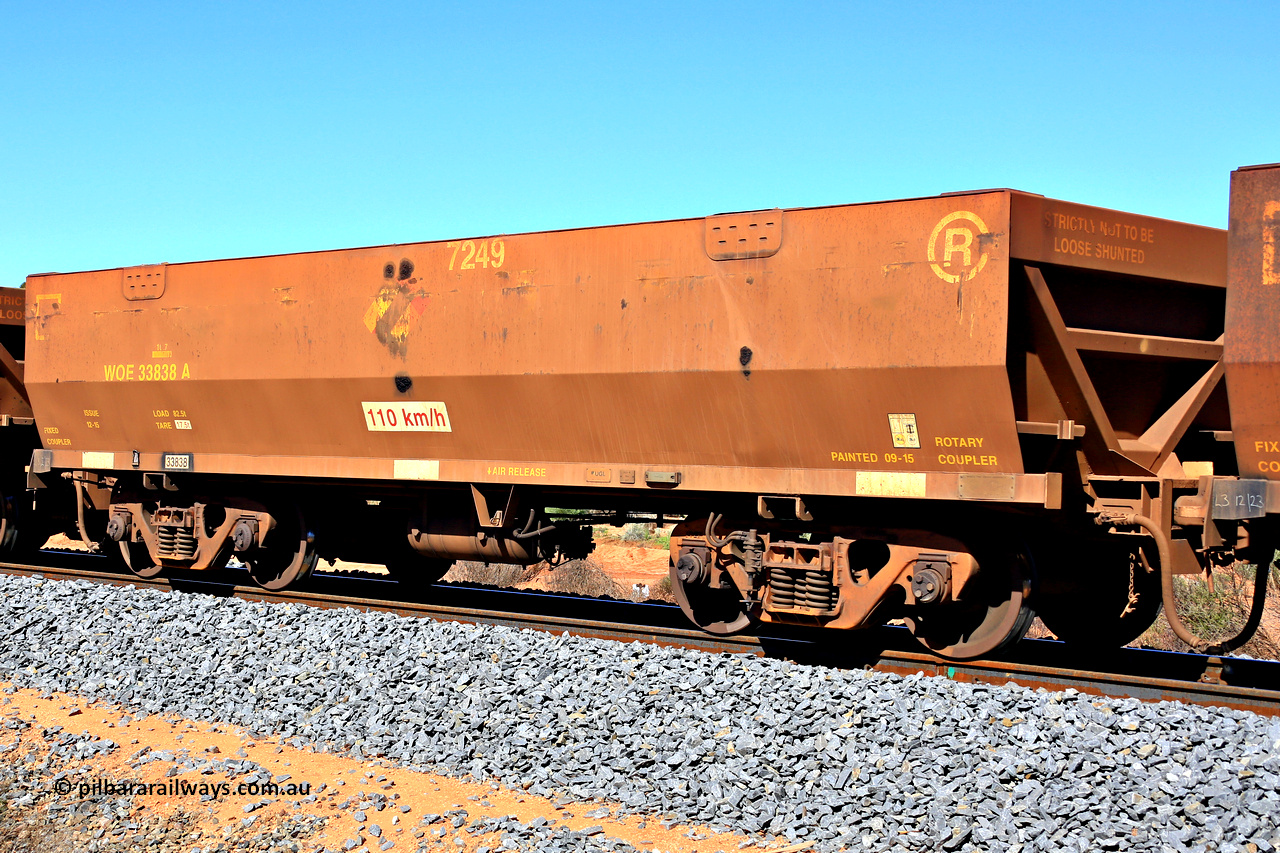 240328 2874
WOE type iron ore waggon WOE 33838 is from a batch of thirty built by UGL [United Goninan Limited] in China during November and December 2015 with serial number R0189-023 and was fleet number 7249, in Mineral Resources traffic 5040 empty Mount Walton iron ore train. 28th March 2024.
Keywords: WOE-type;WOE33838;UGL-China;R0189-023;