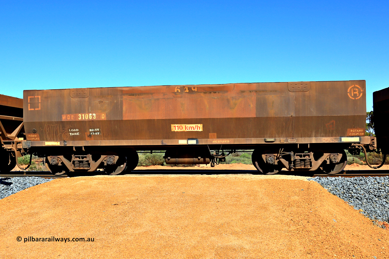 240328 2882
WOE type iron ore waggon WOE 31063 is one of a batch of one hundred and thirty built by Goninan WA between March and August 2001 with serial number 950092-053 and fleet number 649, in Mineral Resources traffic 5040 empty Mount Walton iron ore train. 28th March 2024.
Keywords: WOE-type;WOE31063;Goninan-WA:950092-053;