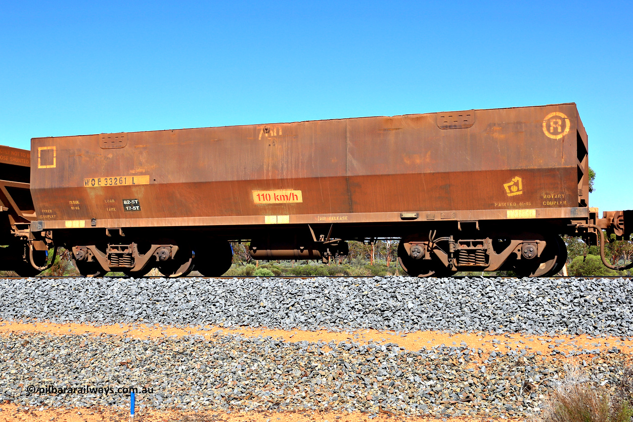 240328 2887
WOE type iron ore waggon WOE 33261 is leader of a batch of thirty five built by Goninan WA between September and October 2002 with serial number 950104-001 and fleet number 760, in Mineral Resources traffic 5040 empty Mount Walton iron ore train. 28th March 2024.
Keywords: WOE-type;WOE33261;Goninan-WA;950104-001;