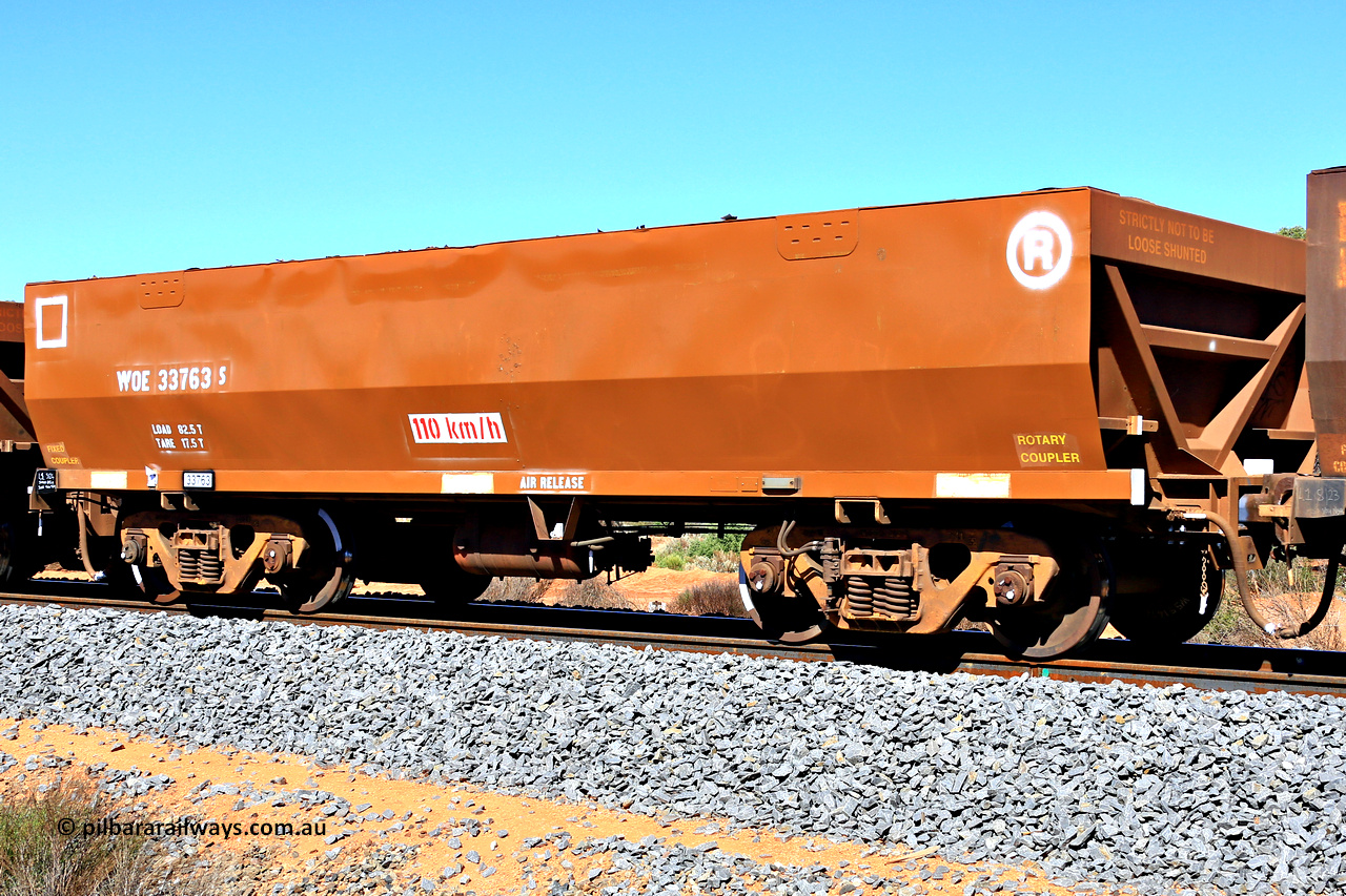 240328 2896
WOE type iron ore waggon WOE 33763 is from a batch of two hundred and twenty seven built by UGL Rail WA between from 08-2011 and 02-2012 of the current style of 82.5 tonne load capacity WOE class waggons with serial number R0067-175 and was fleet number 7174 before the recent brown repainted sides, in Mineral Resources traffic 5040 empty Mount Walton iron ore train. 28th March 2024.
Keywords: WOE-type;WOE33763;UGL-Rail-WA;R0067-175;
