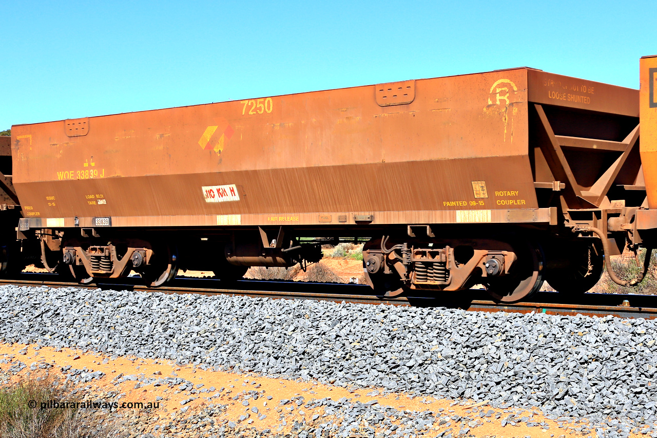 240328 2955
WOE type iron ore waggon WOE 33839 is from a batch of thirty built by UGL [United Goninan Limited] in China during November and December 2015 with serial number R0189-024 in original brown paint with Aurizon logo and fleet number 7250, in Mineral Resources traffic 5040 empty Mount Walton iron ore train. 28th March 2024.
Keywords: WOE-type;WOE33839;UGL-China;R0189-024;