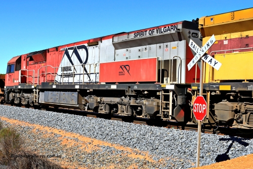 240328 2795
Hampton, Mineral Resources MRL class locomotive MRL 002 'Spirit of Yilgarn' with serial number R-0113-03 / 14-505 and is a UGL, Broadmeadow NSW, built GE C44ACi model of which six such units were built for Mineral Resources in 2014. Seen here on an empty Mineral Resources empty Mount Walton iron ore train service 5040. March 28, 2024.
Keywords: MRL-class;MRL002;UGL-Rail-NSW;GE;C44ACi;R-0113-03/14-505;