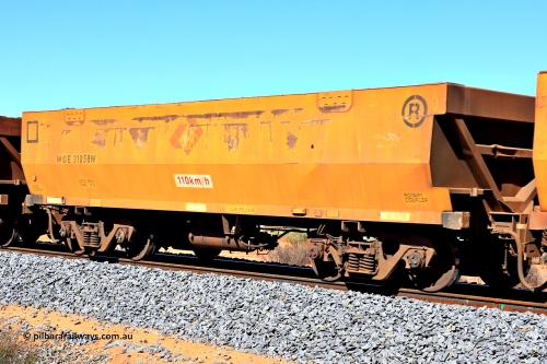 240328 2804
WOE type iron ore waggon WOE 31056 is one of a batch of fifteen built by Goninan WA between April and May 2002 and was fleet number 642 before the sides were painted yellow and Aurizon logos, in Mineral Resources traffic 5040 empty Mount Walton iron ore train. March 28, 2024.
Keywords: WOE-type;WOE31056;Goninan-WA;