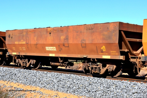 240328 2805
WOE type iron ore waggon WOE 33368 is one of a batch of one hundred and forty one built by United Goninan WA between November 2005 and April 2006 with serial number 950142-073 and fleet number 867, in Mineral Resources traffic 5040 empty Mount Walton iron ore train. March 28, 2024.
Keywords: WOE-type;WOE33368;United-Goninan-WA;950142-073;
