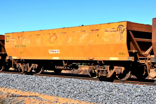 240328 2818
WOE type iron ore waggon WOE 33788 is number two hundred from a batch of two hundred and twenty seven built by UGL Rail WA between from 08-2011 and 02-2012 of the current style of 82.5 tonne load capacity WOE class waggons and was fleet number 7199 before the sides were painted yellow and Aurizon logos, in Mineral Resources traffic 5040 empty Mount Walton iron ore train. March 28, 2024.
Keywords: WOE-type;WOE33788;UGL-Rail-WA;R0067-200;