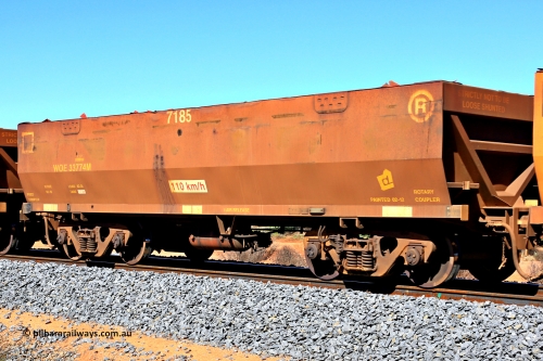240328 2833
WOE type iron ore waggon WOE 33774 is from a batch of two hundred and twenty seven built by UGL Rail WA between from 08-2011 and 02-2012 of the current style of 82.5 tonne load capacity WOE class waggons with fleet number 7185, in Mineral Resources traffic 5040 empty Mount Walton iron ore train. March 28, 2024.
Keywords: WOE-type;WOE33774;UGL-Rail-WA;R0067-186;