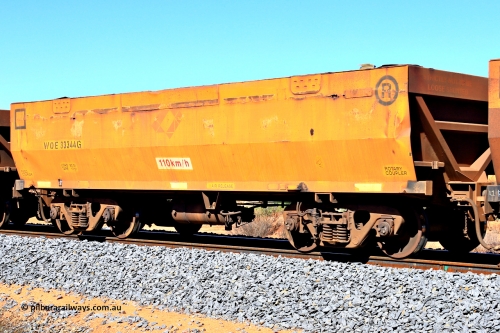 240328 2850
WOE type iron ore waggon WOE 33344 is one of a batch of one hundred and forty one built by United Group Rail WA between November 2005 and April 2006 with serial number 950142-049 and was fleet number 843 before the Aurizon yellow painted sides and logos, in Mineral Resources traffic 5040 empty Mount Walton iron ore train. March 28, 2024.
Keywords: WOE-type;WOE33344;United-Goninan-WA;950142-049;