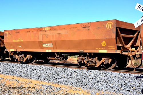 240328 2872
WOE type iron ore waggon WOE 33777 is from a batch of two hundred and twenty seven built by UGL Rail WA between from 08-2011 and 02-2012 of the current style of 82.5 tonne load capacity WOE class waggons and had fleet number 7188, in Mineral Resources traffic 5040 empty Mount Walton iron ore train. March 28, 2024.
Keywords: WOE-type;WOE33777;UGL-Rail-WA;R0067-189;