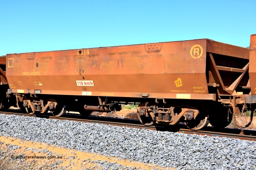 240328 2875
WOE type iron ore waggon WOE 33707 is from a batch of two hundred and twenty seven built by UGL Rail WA between from 08-2011 and 02-2012 of the current style of 82.5 tonne load capacity WOE class waggons and had fleet number 7118, in Mineral Resources traffic 5040 empty Mount Walton iron ore train. March 28, 2024.
Keywords: WOE-type;WOE33707;UGL-Rail-WA;R0067-119;