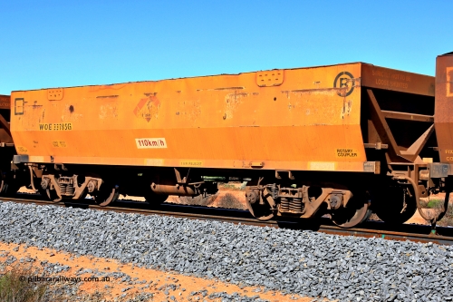 240328 2877
WOE type iron ore waggon WOE 33785 is from a batch of two hundred and twenty seven built by UGL Rail WA between from 08-2011 and 02-2012 of the current style of 82.5 tonne load capacity WOE class waggons and had fleet number 7196 before the Aurizon yellow sides and logos, in Mineral Resources traffic 5040 empty Mount Walton iron ore train. March 28, 2024.
Keywords: WOE-type;WOE33785;UGL-Rail-WA;R0067-197;