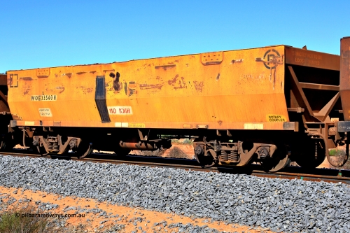 240328 2884
WOE type iron ore waggon WOE 33540 is one of a batch of one hundred and twenty eight built by United Group Rail WA between August 2008 and March 2009 with serial number 950211-080 and was fleet number 9035 prior to the Aurizon yellow repainting of the sides, in Mineral Resources traffic 5040 empty Mount Walton iron ore train. March 28, 2024.
Keywords: WOE-type;WOE33540;United-Group-Rail-WA;950211-080;