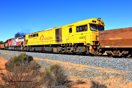240328 2904
Feysville, Mineral Resources empty Mount Walton iron ore train 5040 with mid-train units Q class Q 4003 a Clyde Engineering built EMD GT46C model with serial number 97-1456 and MRL class MRL 005 'Carina Flyer' a UGL Rail built GE C44ACi model with serial number R-0113-05 / 14-508. March 28, 2024.
Keywords: Q-class;Q4003;Clyde-Engineering-Forrestfield-WA;EMD;GT46C;97-1456;Q303;