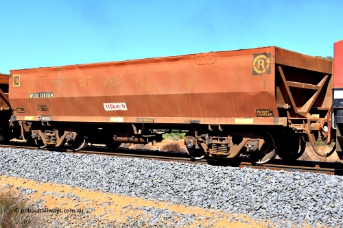 240328 2909
WOE type iron ore waggon WOE 33509 is one of a batch of one hundred and twenty eight built by United Group Rail WA between August 2008 and March 2009 with serial number 950211-049 and was fleet number 9004 before being repainted brown, in Mineral Resources traffic 5040 empty Mount Walton iron ore train. March 28, 2024.
Keywords: WOE-type;WOE33509;United-Group-Rail-WA;950211-049;