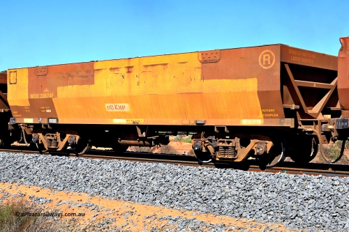 240328 2910
WOE type iron ore waggon WOE 33674 is from a batch of two hundred and twenty seven built by UGL Rail WA between from 08-2011 and 02-2012 of the current style of 82.5 tonne load capacity WOE class waggons with serial number R0067-086 and was fleet number 7085 before being patch painted yellow, in Mineral Resources traffic 5040 empty Mount Walton iron ore train. March 28, 2024.
Keywords: WOE-type;WOE33674;UGL-Rail-WA;R0067-086;