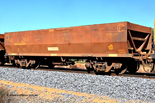240328 2911
WOE type iron ore waggon WOE 33525 is one of a batch of one hundred and twenty eight built by United Group Rail WA between August 2008 and March 2009 with serial number 950211-065 and fleet number 9038, in Mineral Resources traffic 5040 empty Mount Walton iron ore train. March 28, 2024.
Keywords: WOE-type;WOE33525;United-Group-Rail-WA;950211-065;