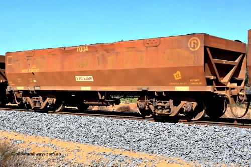 240328 2912
WOE type iron ore waggon WOE 33623 is from a batch of two hundred and twenty seven built by UGL Rail WA between from 08-2011 and 02-2012 of the current style of 82.5 tonne load capacity WOE class waggons with serial number R0067-035 and fleet number 7034, in Mineral Resources traffic 5040 empty Mount Walton iron ore train. March 28, 2024.
Keywords: WOE-type;WOE33623;UGL-Rail-WA;R0067-035;