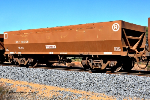 240328 2913
WOE type iron ore waggon WOE 30259 is one of a batch of one hundred and thirty built by Goninan WA between March and August 2001 with serial number 950092-009 and was fleet number 609 before being repainted brown with white markings, in Mineral Resources traffic 5040 empty Mount Walton iron ore train. March 28, 2024.
Keywords: WOE-type;WOE30259;Goninan-WA;950092-009;