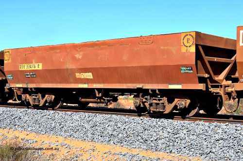 240328 2914
WOE type iron ore waggon WOE 33408 is one of a batch of one hundred and forty one built by United Group Rail WA between November 2005 and April 2006 with serial number 950142-113 and was fleet number 8907 before being repainted brown, in Mineral Resources traffic 5040 empty Mount Walton iron ore train. March 28, 2024.
Keywords: WOE-type;WOE33408;United-Group-Rail-WA;950142-113;