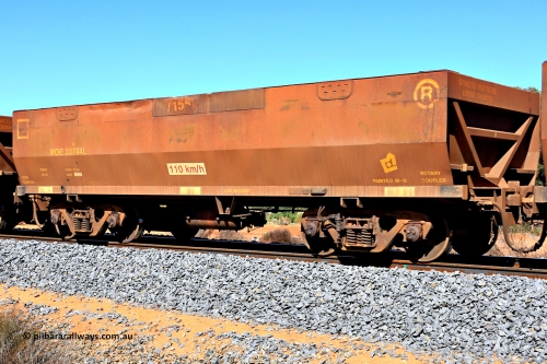 240328 2925
WOE type iron ore waggon WOE 33744 is from a batch of two hundred and twenty seven built by UGL Rail WA between from 08-2011 and 02-2012 of the current style of 82.5 tonne load capacity WOE class waggons with serial number R0067-156 and fleet number 7155, in Mineral Resources traffic 5040 empty Mount Walton iron ore train. March 28, 2024.
Keywords: WOE-type;WOE33744;UGL-Rail-WA;R0067-156;