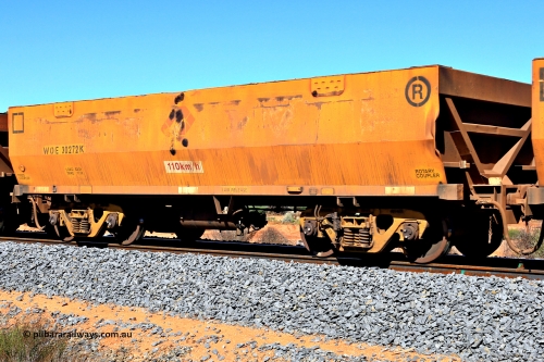 240328 2931
WOE type iron ore waggon WOE 30272 is one of a batch of one hundred and thirty built by Goninan WA between March and August 2001 with serial number 950092-022 and was fleet number 615 before getting the Aurizon yellow sides and logo. In Mineral Resources traffic 5040 empty Mount Walton iron ore train. March 28, 2024.
Keywords: WOE-type;WOE30272;Goninan-WA;950092-022;
