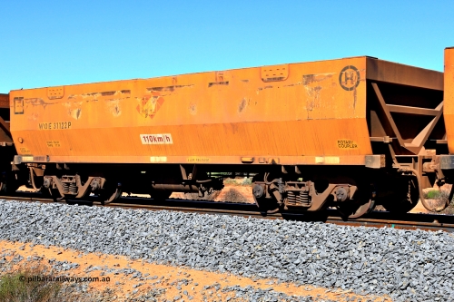240328 2933
WOE type iron ore waggon WOE 31122 is one of a batch of one hundred and thirty built by Goninan WA between March and August 2001 with serial number 950092-112 and had fleet number 704 before getting the Aurizon yellow sides and logo. In Mineral Resources traffic 5040 empty Mount Walton iron ore train. March 28, 2024.
Keywords: WOE-type;WOE31122;Goninan-WA;950092-112;