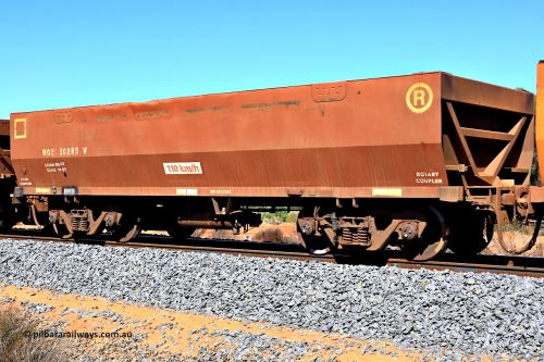 240328 2937
WOE type iron ore waggon WOE 30285 is one of a batch of one hundred and thirty built by Goninan WA between March and August 2001 with serial number 950092-035 and had fleet number 627 before being repainted, in Mineral Resources traffic 5040 empty Mount Walton iron ore train. March 28, 2024.
Keywords: WOE-type;WOE30285;Goninan-WA;950092-035;