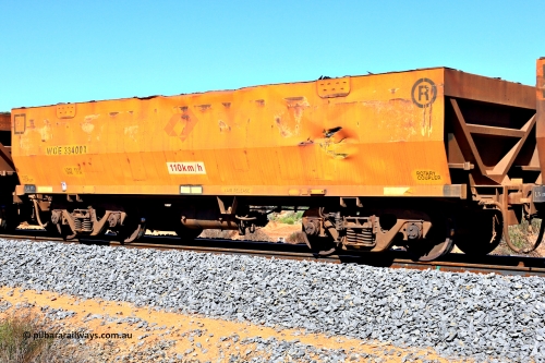 240328 2940
WOE type iron ore waggon WOE 33400 is one of a batch of one hundred and forty one built by United Group Rail WA between November 2005 and April 2006 with serial number 950142-105 and was fleet number 899 before getting the Aurizon yellow sides and logo. In Mineral Resources traffic 5040 empty Mount Walton iron ore train. March 28, 2024.
Keywords: WOE-type;WOE33400;United-Group-Rail-WA;950142-105;