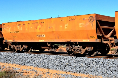240328 2946
WOE type iron ore waggon WOE 33585 is one of a batch of one hundred and twenty eight built by United Group Rail WA between August 2008 and March 2009 with serial number 950211-125 and was fleet number 9081 before getting the Aurizon yellow sides and logo. In Mineral Resources traffic 5040 empty Mount Walton iron ore train. March 28, 2024.
Keywords: WOE-type;WOE33585;United-Group-Rail-WA;950211-125;