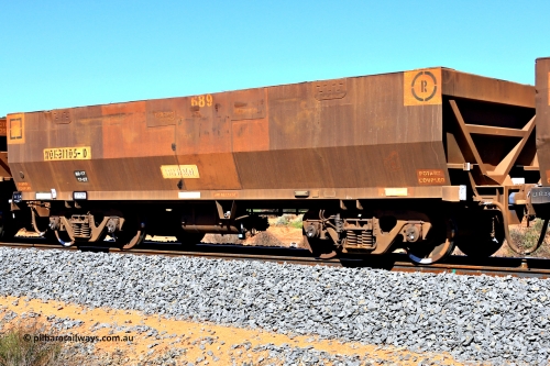 240328 2957
WOE type iron ore waggon WOE 31105 is one of a batch of one hundred and thirty built by Goninan WA between March and August 2001 with serial number 950092-095 and fleet number 689, in Mineral Resources traffic 5040 empty Mount Walton iron ore train. March 28, 2024.
Keywords: WOE-type;WOE31105;Goninan-WA;950092-095;