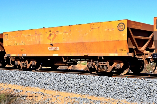 240328 2958
WOE type iron ore waggon WOE 33831 is from a batch of thirty built by UGL [United Goninan Limited] in China during November and December 2015 in the brown paint colour with Aurizon logos, in Mineral Resources traffic 5040 empty Mount Walton iron ore train. March 28, 2024.
Keywords: WOE-type;WOE33831;UGL-China;R0189-016;