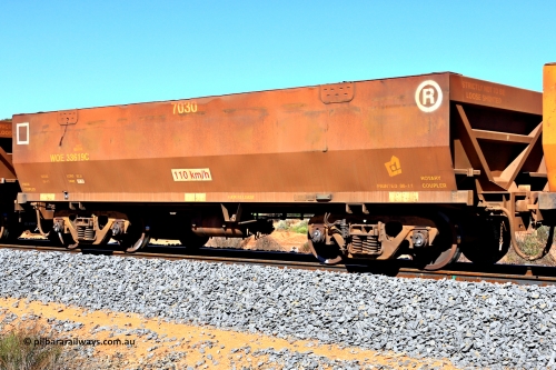 240328 2959
WOE type iron ore waggon WOE 33619 is from a batch of two hundred and twenty seven built by UGL Rail WA between from 08-2011 and 02-2012 of the current style of 82.5 tonne load capacity WOE class waggons with fleet number 7030, in Mineral Resources traffic 5040 empty Mount Walton iron ore train. March 28, 2024.
Keywords: WOE-type;WOE33619;UGL-Rail-WA;R0067-031;