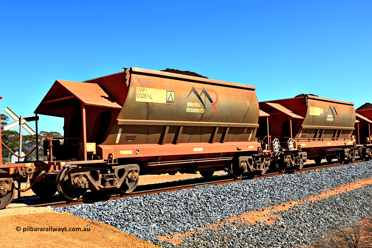 240328 2986
Loaded Koolyanobbing iron ore train 5041 with Mineral Resources Ltd MHPY type iron ore waggons MHPY 00281 and MHPY 00282 built by CSR Yangtze Co China with serial numbers 2014 / 382-281 and 2014 / 382-282 in 2014 as a batch of 382 pairs, these bottom discharge hopper waggons are operated in 'married' pairs. 28th of March 2024.
Keywords: MHPY-type;MHPY00281;2014/382-281;MHPY00282;2014/382-282;CSR-Yangtze-Rolling-Stock-Co-China;