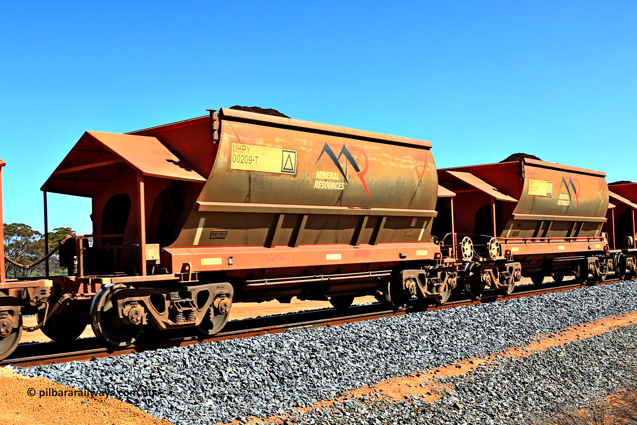 240328 2988
Loaded Koolyanobbing iron ore train 5041 with Mineral Resources Ltd MHPY type iron ore waggons MHPY 00209 and MHPY 00210 built by CSR Yangtze Co China with serial numbers 2014 / 382-209 and 2014 / 382-210 in 2014 as a batch of 382 pairs, these bottom discharge hopper waggons are operated in 'married' pairs. 28th of March 2024.
Keywords: MHPY-type;MHPY00209;2014/382-209;MHPY00210;2014/382-210;CSR-Yangtze-Rolling-Stock-Co-China;