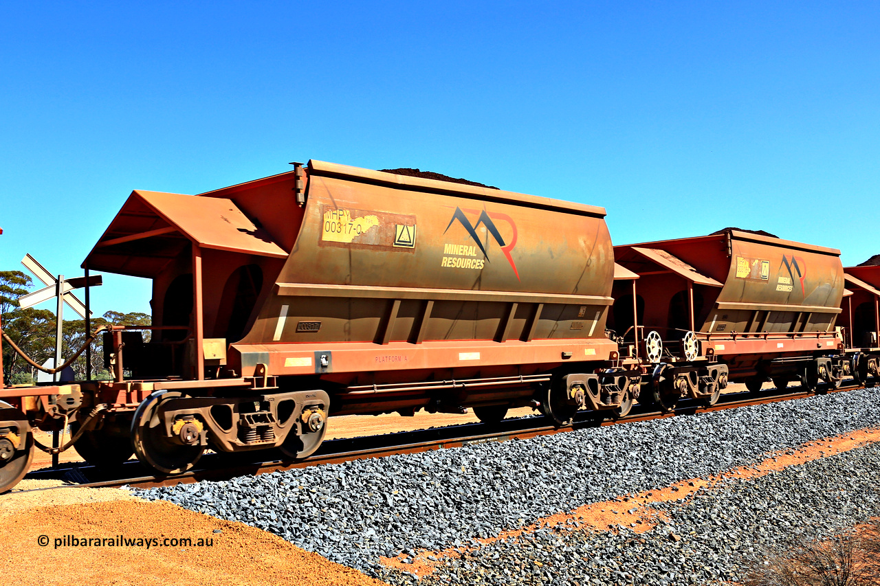 240328 2991
Loaded Koolyanobbing iron ore train 5041 with Mineral Resources Ltd MHPY type iron ore waggons MHPY 00317 and MHPY 00318 built by CSR Yangtze Co China with serial numbers 2014 / 382-317 and 2014 / 382-318 in 2014 as a batch of 382 pairs, these bottom discharge hopper waggons are operated in 'married' pairs. 28th of March 2024.
Keywords: MHPY-type;MHPY00317;2014/382-317;MHPY00318;2014/382-318;CSR-Yangtze-Rolling-Stock-Co-China;