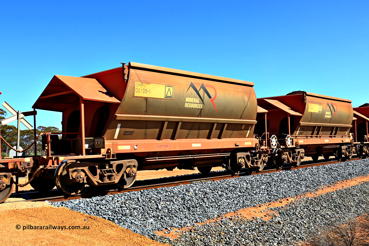 240328 2994
Loaded Koolyanobbing iron ore train 5041 with Mineral Resources Ltd MHPY type iron ore waggons MHPY 00105 and MHPY 00106 built by CSR Yangtze Co China with serial numbers 2014 / 382-105 and 2014 / 382-106 in 2014 as a batch of 382 pairs, these bottom discharge hopper waggons are operated in 'married' pairs. 28th of March 2024.
Keywords: MHPY-type;MHPY00105;2014/382-105;MHPY00106;2014/382-106;CSR-Yangtze-Rolling-Stock-Co-China;