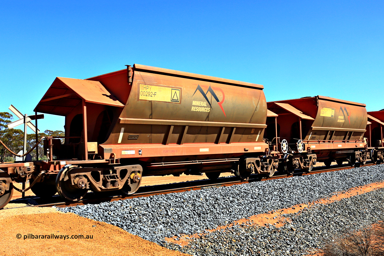 240328 2996
Loaded Koolyanobbing iron ore train 5041 with Mineral Resources Ltd MHPY type iron ore waggons MHPY 00292 and MHPY 00291 built by CSR Yangtze Co China with serial numbers 2014 / 382-292 and 2014 / 382-291 in 2014 as a batch of 382 pairs, these bottom discharge hopper waggons are operated in 'married' pairs. 28th of March 2024.
Keywords: MHPY-type;MHPY00292;2014/382-292;MHPY00291;2014/382-291;CSR-Yangtze-Rolling-Stock-Co-China;