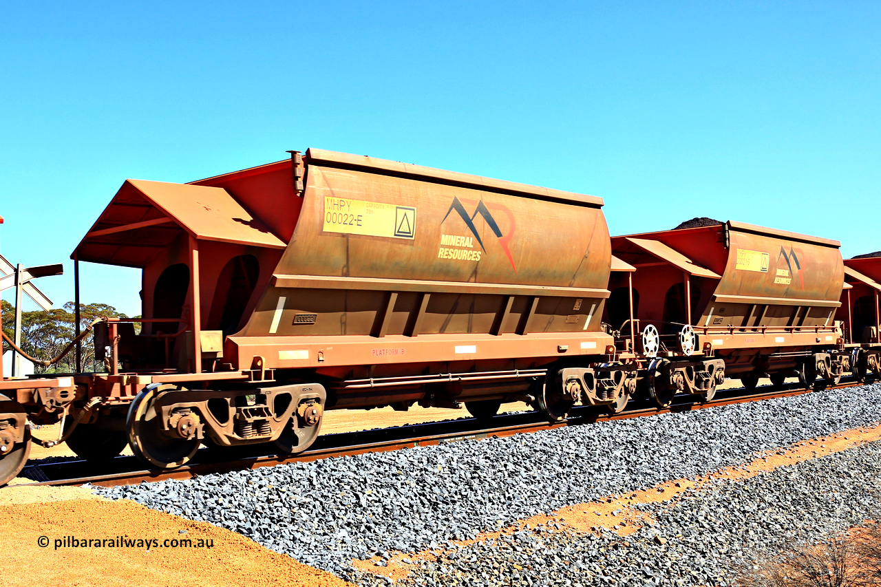 240328 2997
Loaded Koolyanobbing iron ore train 5041 with Mineral Resources Ltd MHPY type iron ore waggons MHPY 00022 and MHPY 00021 built by CSR Yangtze Co China with serial numbers 2014 / 382-22 and 2014 / 382-21 in 2014 as a batch of 382 pairs, these bottom discharge hopper waggons are operated in 'married' pairs. 28th of March 2024.
Keywords: MHPY-type;MHPY00022;2014/382-22;MHPY00021;2014/382-21;CSR-Yangtze-Rolling-Stock-Co-China;