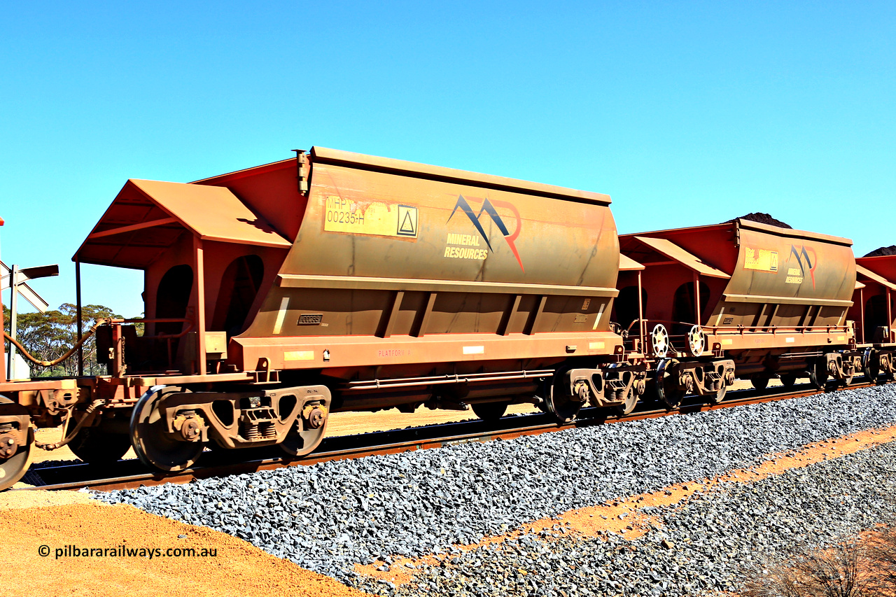 240328 2998
Loaded Koolyanobbing iron ore train 5041 with Mineral Resources Ltd MHPY type iron ore waggons MHPY 00235 and MHPY 00236 built by CSR Yangtze Co China with serial numbers 2014 / 382-235 and 2014 / 382-236 in 2014 as a batch of 382 pairs, these bottom discharge hopper waggons are operated in 'married' pairs. 28th of March 2024.
Keywords: MHPY-type;MHPY00235;2014/382-235;MHPY00236;2014/382-236;CSR-Yangtze-Rolling-Stock-Co-China;